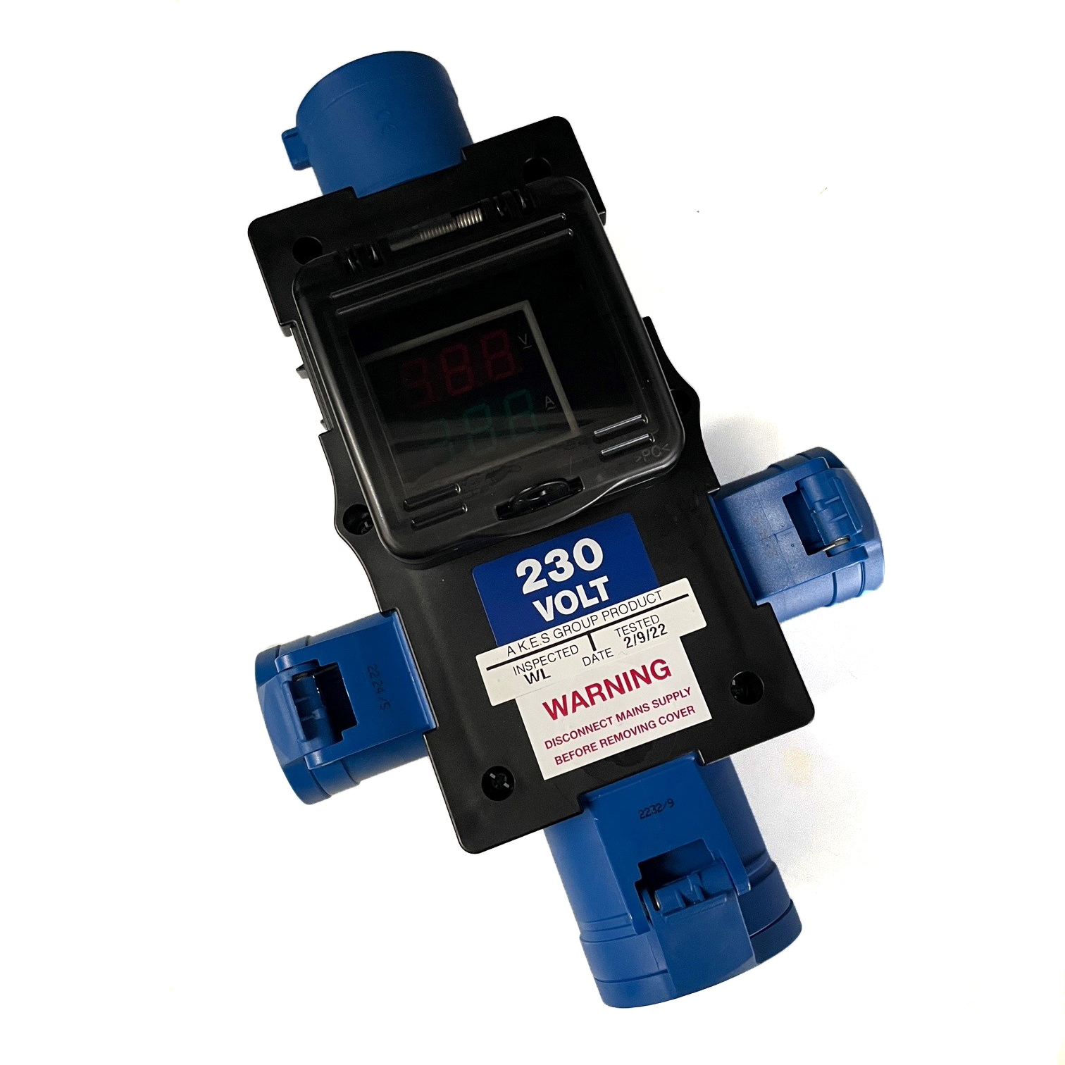 32A 1ph Incomer to 2x 16A 1ph Sockets and 1x 32A 1ph Link Socket with Voltage and Current Meter